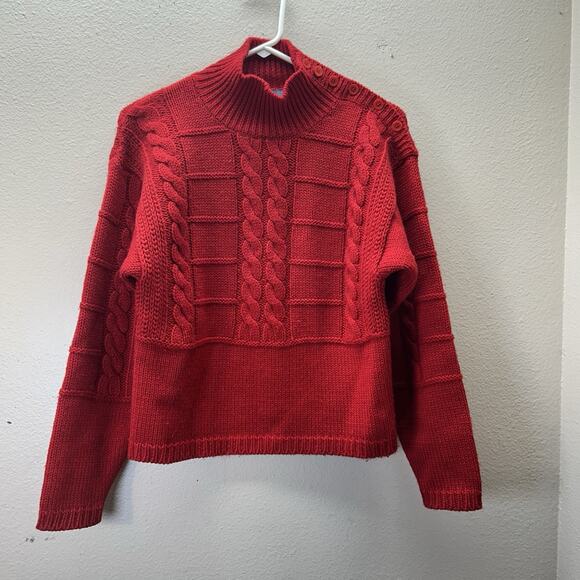CARROLL REED Sweater 100% Wool Button Turtleneck Grandma Red Cable Knit Outdoors - Picture 1 of 6